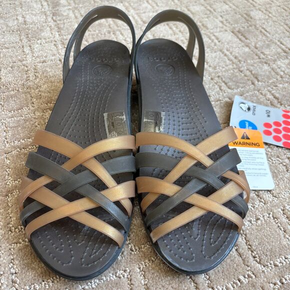 Crocs Hurache Mini Wedge Sandal Womens 10 Bronze Espresso Jelly Open Toe Braided - Picture 1 of 8